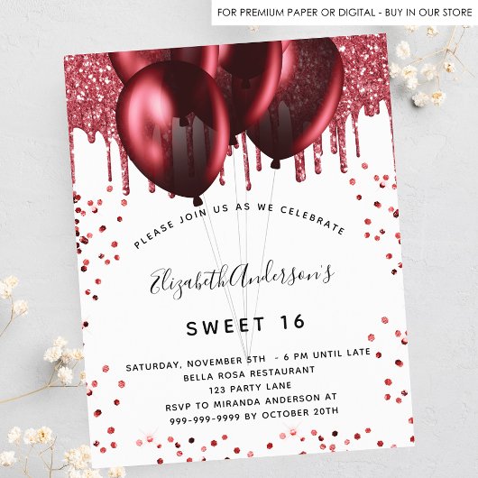 Begroting Sweet 16 White red glitter-uitnodiging