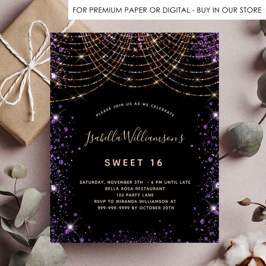 Begroting Sweet 16 zwart paars glitterstofgoud