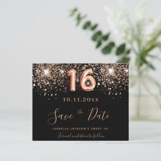 Begroting Sweet 16 zwarte glitter behalve datum (Staand voorkant)