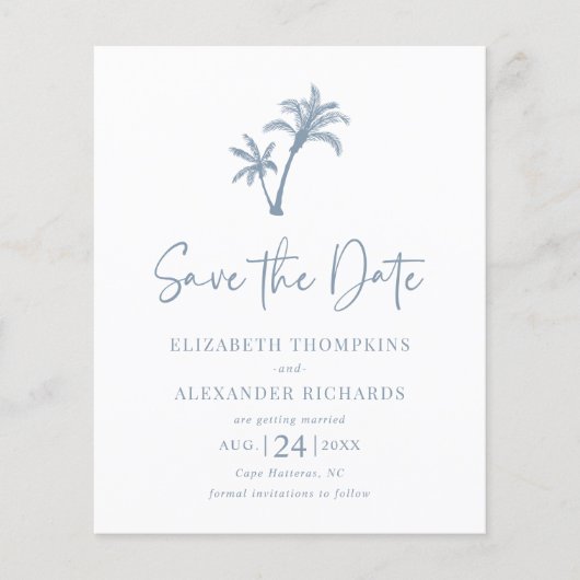 Begroting Tropical Palm Dusty Blue Save the Date (Voorkant)