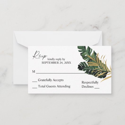 Begroting Tropical Palm Leaf Gold 2SM No Meal RSVP Notitiekaartje (Voorkant)