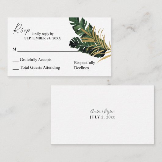 Begroting Tropical Palm Leaf Gold 2SM No Meal RSVP Notitiekaartje (Voorkant / Achterkant)