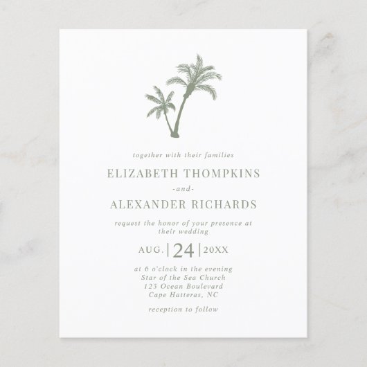 Begroting Tropical Palm Tree Sage Green Wedding Flyer (Voorkant)