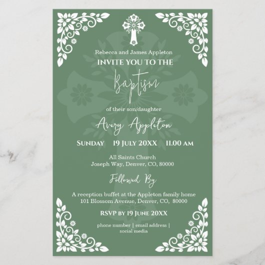 Begroting Uitnodiging Bloemen Kruisdoop Fern Groen Flyer (Voorkant)