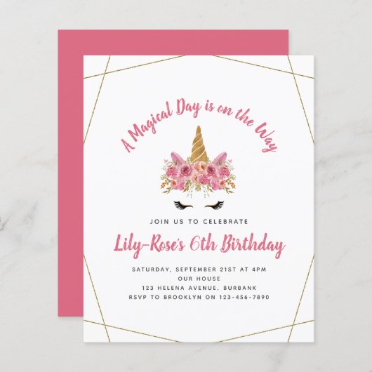 BEGROTING uitnodiging | Floral Unicorn Gold (Voorkant / Achterkant)