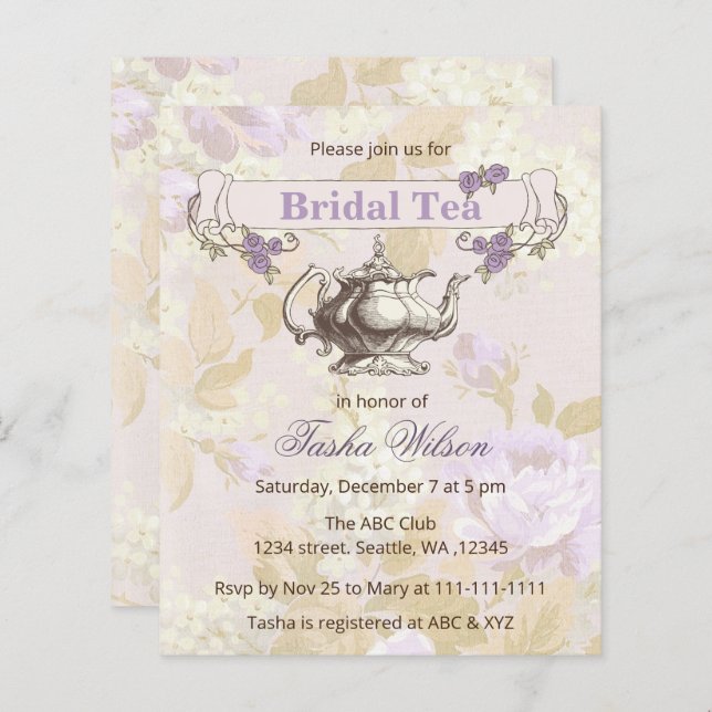 Begroting  uitnodiging Paarse Bridal Tea Party (Voorkant / Achterkant)