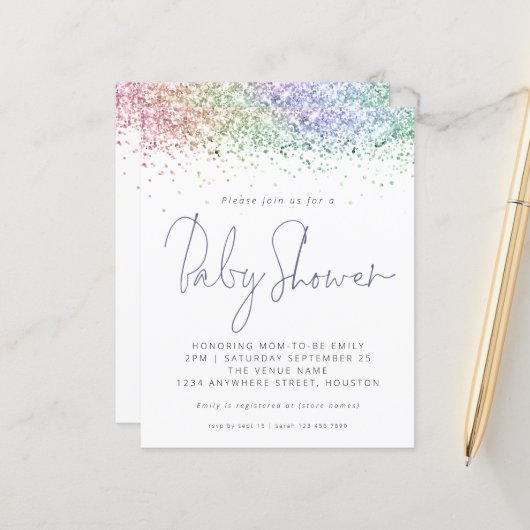 Begroting Uitnodiging voor meerkleurig Baby shower (Voorkant / Achterkant in situ)