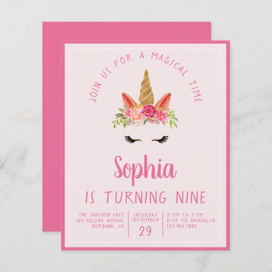 Begroting Unicorn Kind - uitnodiging van de Birthd (Voorkant / Achterkant)