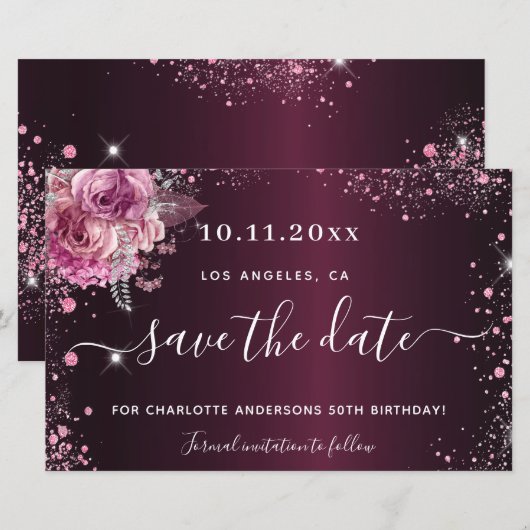 Begroting verjaardag bogundy roze floral save the  (Voorkant / Achterkant)