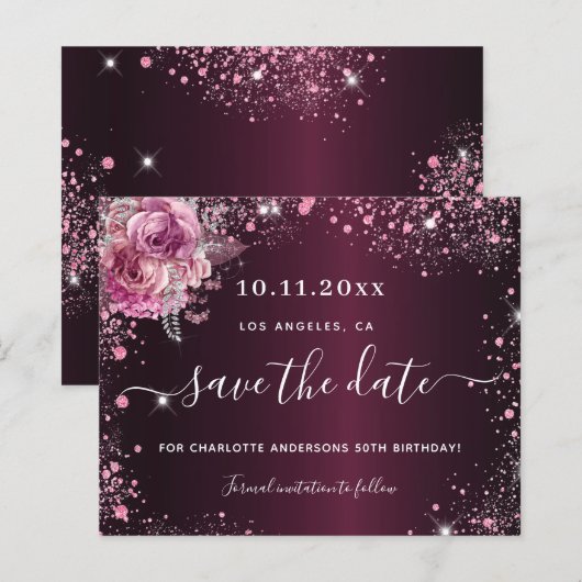 Begroting verjaardag bogundy roze floral save the (Voorkant / Achterkant)