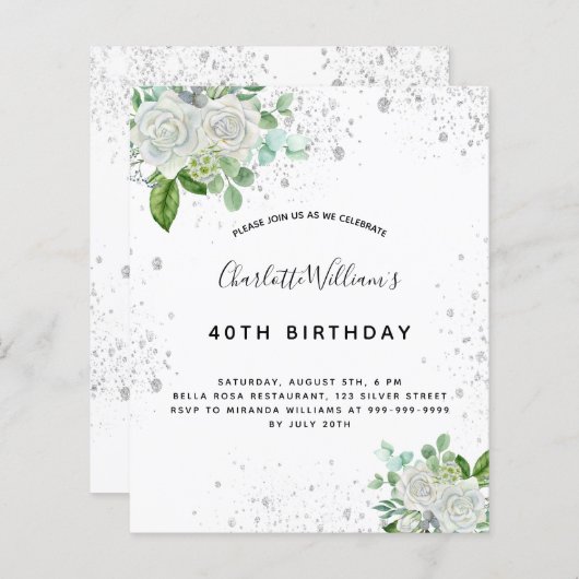 Begroting verjaardag floral Silver glitter uitnodi (Voorkant / Achterkant)