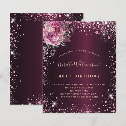 Begroting verjaardag glitter florale uitnodiging (Voorkant / Achterkant)