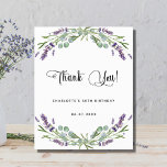 Begroting verjaardag lavender eucalyptus bedankt<br><div class="desc">Een witte witte achtergrond met lavendel bloemen en eucalyptusgroen. Op voorkant groot zwart gekleurd handgeschreven manuscript en de tekst: Dank u,  uw en een datum. Terug: Personaliseer en voeg Uw dank toe u nota en naam.</div>