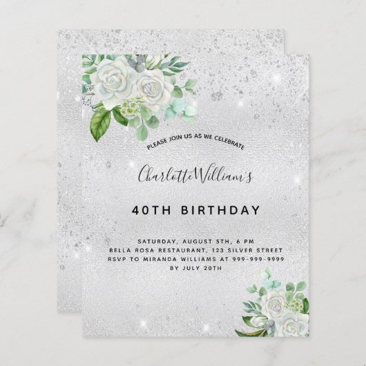Begroting verjaardag zilverglitter floral greenery (Voorkant / Achterkant)