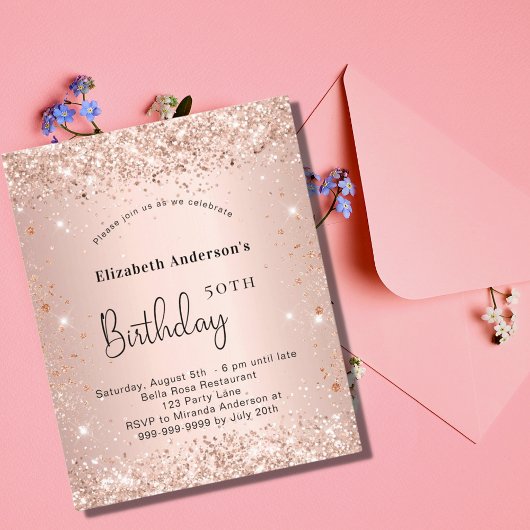 Begroting verjaardagsbruin roos goudglitter uitnod