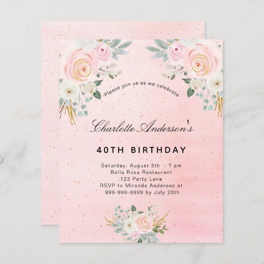 Begroting verjaardagsdagsbruin roze florale uitnod (Voorkant / Achterkant)