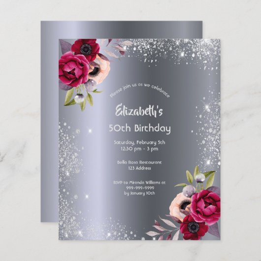 Begroting verjaardagsfeest zilverbloemuitnodiging (Voorkant / Achterkant)