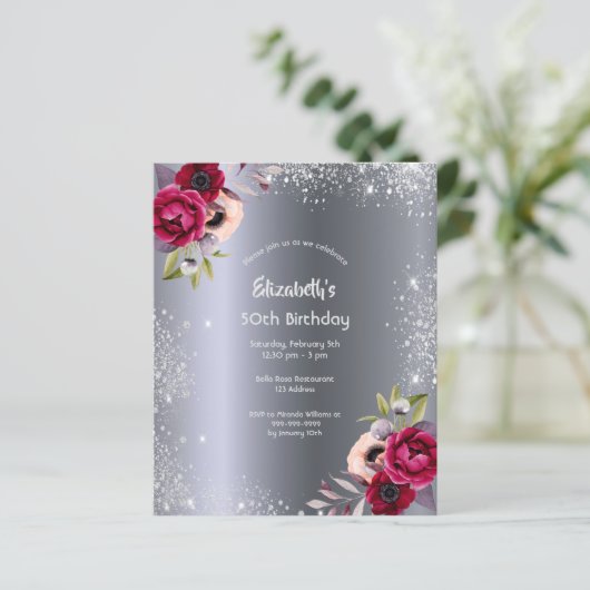 Begroting verjaardagsfeest zilverbloemuitnodiging (Staand voorkant)