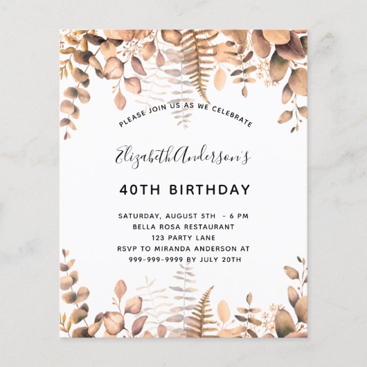 Begroting verjaardagsgouden eucalyptusuitnodiging (Voorkant)