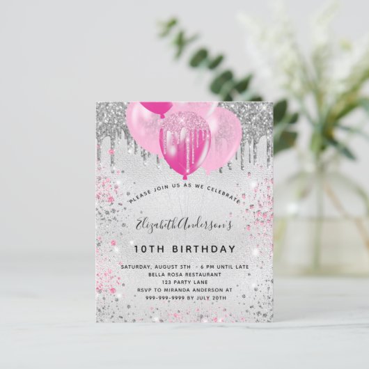 Begroting verjaardagszilverroze glitter-uitnodigin (Staand voorkant)
