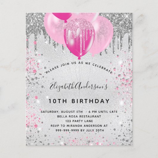 Begroting verjaardagszilverroze glitter-uitnodigin (Voorkant)