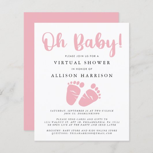 Begroting Virtual Baby shower Pink Feet Invitation (Voorkant / Achterkant)