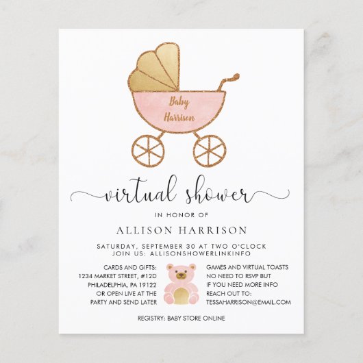 Begroting Virtual Baby shower Retro Carriage roze (Voorkant)