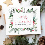 Begroting Vroege kerstfeestdag Rood-kerstkaartje Feestdagenkaart<br><div class="desc">Begroting Vrolijk kerstfeest met feestdagerij,  Eucalyptus,  Holly Berries en eenvoudige rode achtergrond.</div>