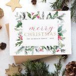 Begroting Vroege kerstfeestdag Rood-kerstkaartje Feestdagenkaart<br><div class="desc">Begroting Vrolijk kerstfeest met feestdagerij,  Eucalyptus,  Holly Berries en eenvoudige rode achtergrond.</div>