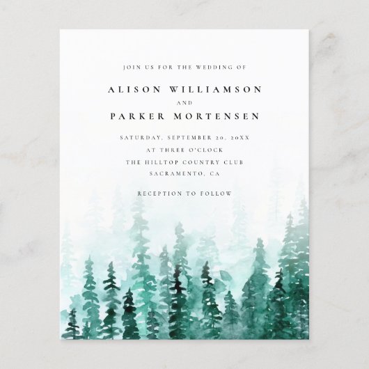 Begroting Waterverf Pine Tree Forest Rustic Weddin (Voorkant)