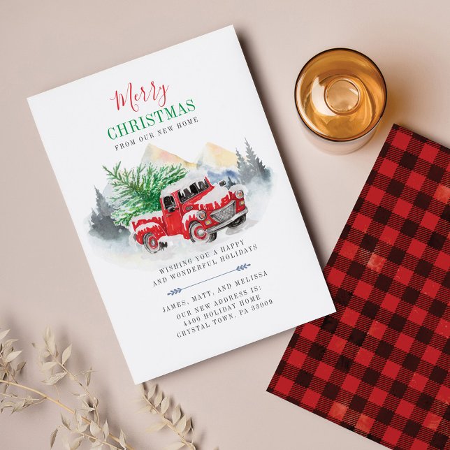 Begroting We hebben kerstavond verhuisd naar huis (Plaid Christmas Holidays Red Truck Moving Announcement)
