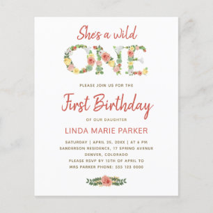 Begroting wild 1 meisje 1e verjaardag Uitnodiging Flyer