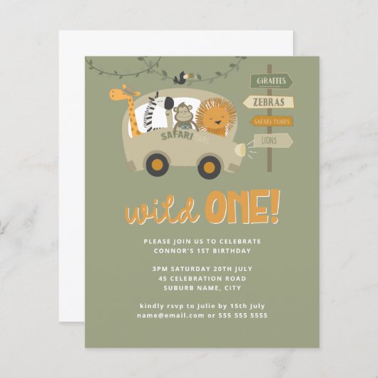 Begroting Wild One Safari Animals 1e verjaardag Gr (Voorkant / Achterkant)