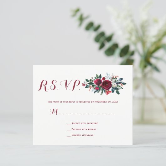 Begroting winter burgundy floral bruiloft rsvp car (Staand voorkant)