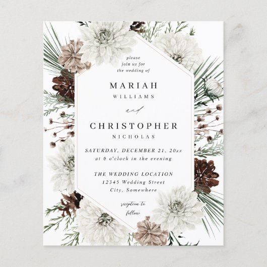 Begroting Winter White Floral & Pine Wedding Flyer (Voorkant)