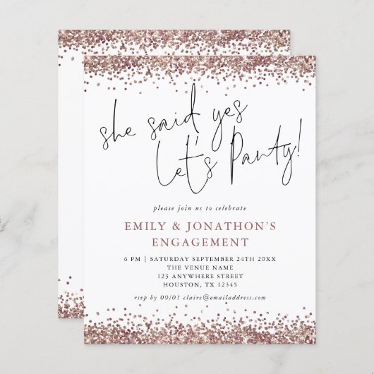 Begroting Ze zei ja Roos Gold Glitter Verloving (Voorkant / Achterkant)