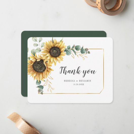 Begroting Zonnebloem Eucalyptus Floral Hartelijk d Notitiekaartje (Voorkant / Achterkant in situ)