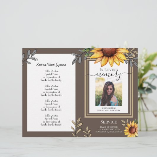 Begroting zonnebloem Simple Photo Funeral Program (Staand voorkant)