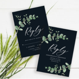 Begroting zwarte moderne chic eucalyptus bruiloft  RSVP kaartje