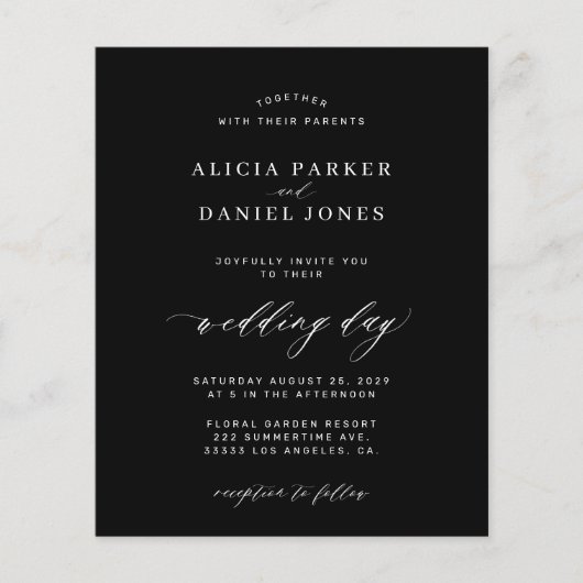 Begroting zwarte witte minimalistische trouwuitnod (Voorkant)
