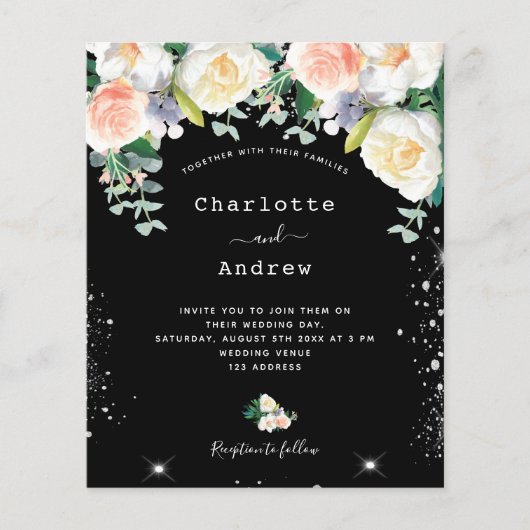 Begroting zwarte witte roze floralen zilverbruilof (Voorkant)