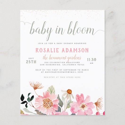 BegrotingsBaby in het Baby shower Bloom Cute Pink  (Voorkant)