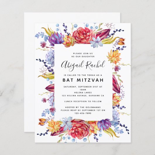 BEGROTINGSBat Mitzvah Succulente uitnodiging (Voorkant / Achterkant)