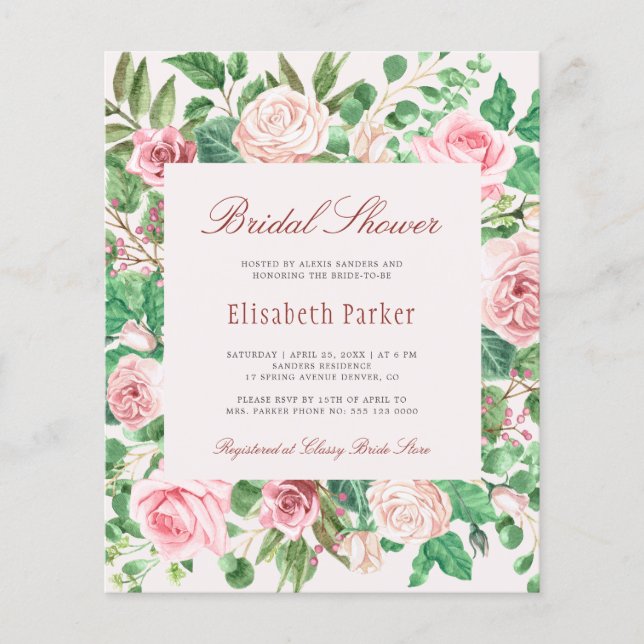 Begrotingselegante rozen voor de doucheuitnodiging (Voorkant)