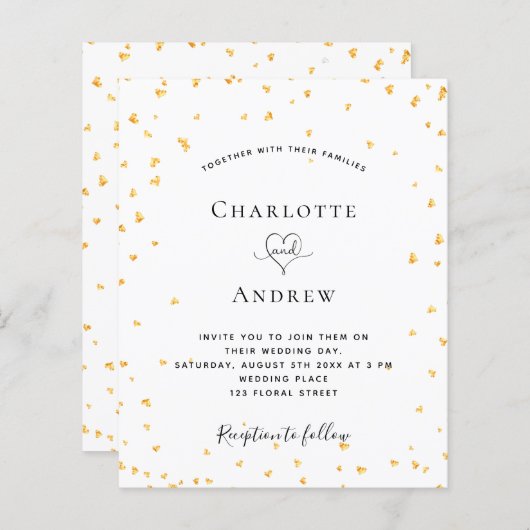 Begrotingsgoud harten witte trouwuitnodiging (Voorkant / Achterkant)