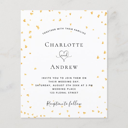 Begrotingsgoud harten witte trouwuitnodiging (Voorkant)