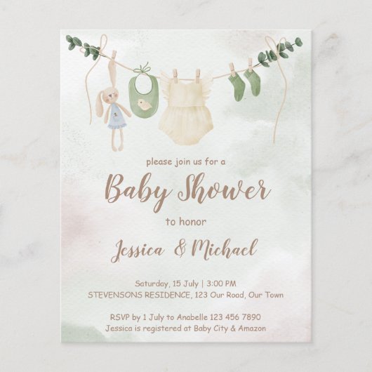 Begrotingskleding op lijn boho baby shower uitnodi (Voorkant)