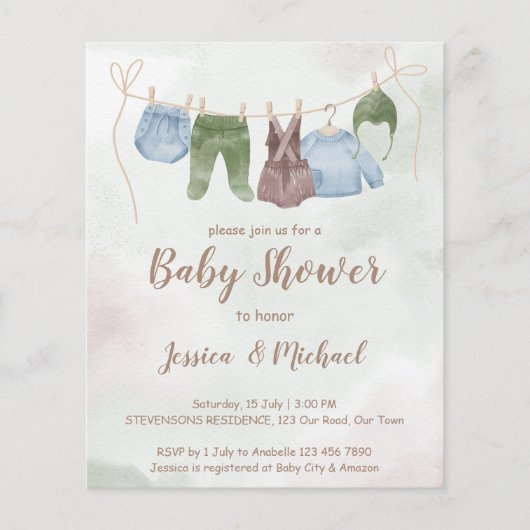 Begrotingskleding op lijn boho baby shower uitnodi (Voorkant)