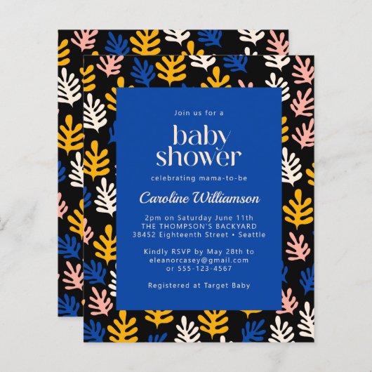 Begrotingsmatisme botanisch blauw zwart Baby showe (Voorkant / Achterkant)