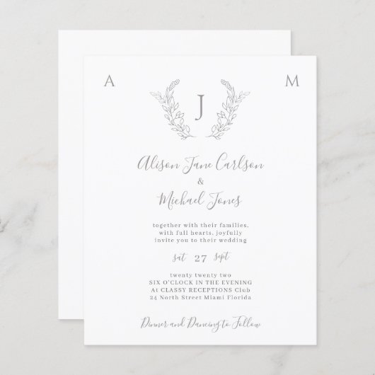 Begrotingsmonogram elegant vertrekt trouwuitnodigi (Voorkant / Achterkant)